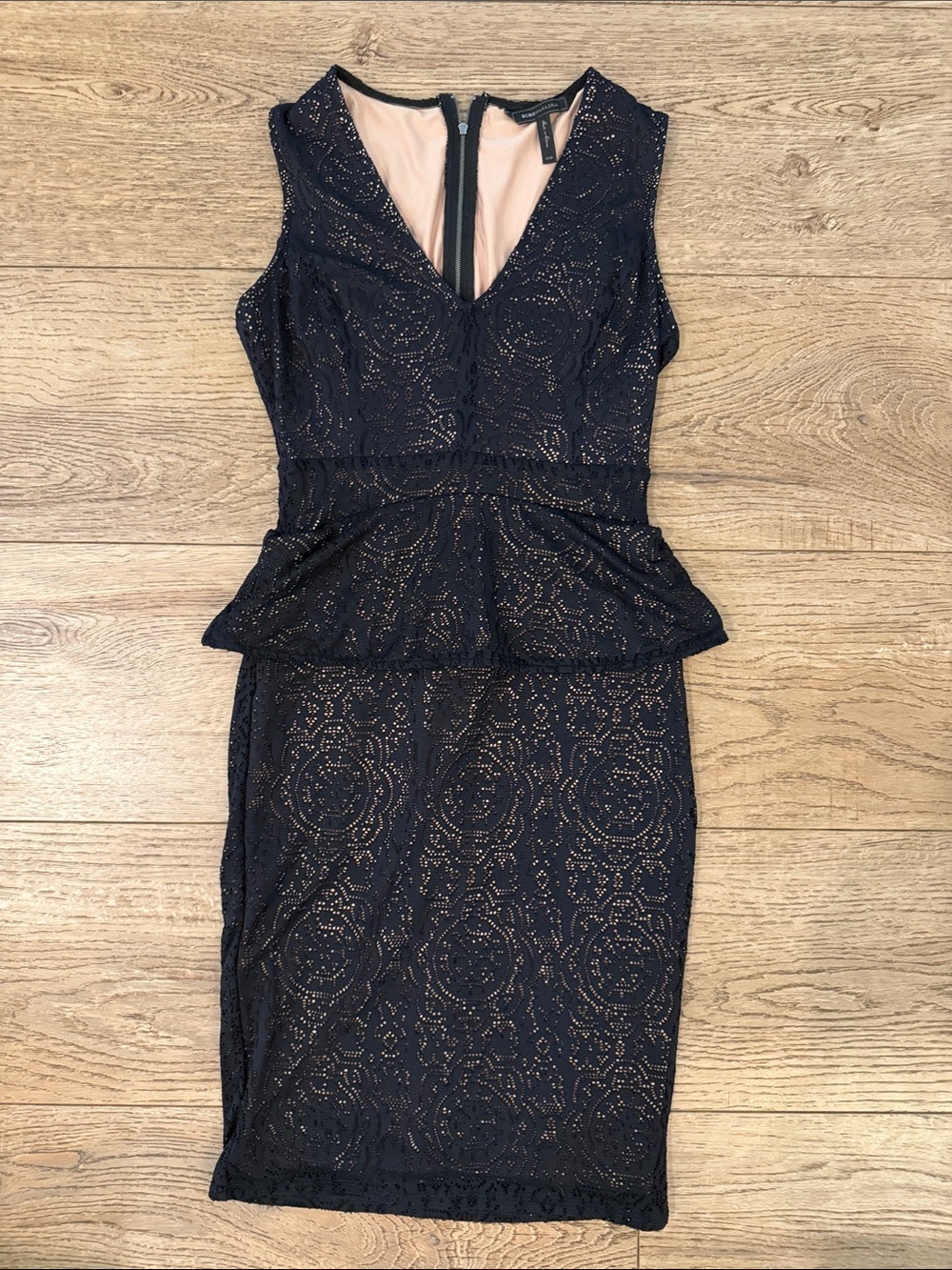 BCBGMaxAzria Navy Lace Peplum Midi Dress